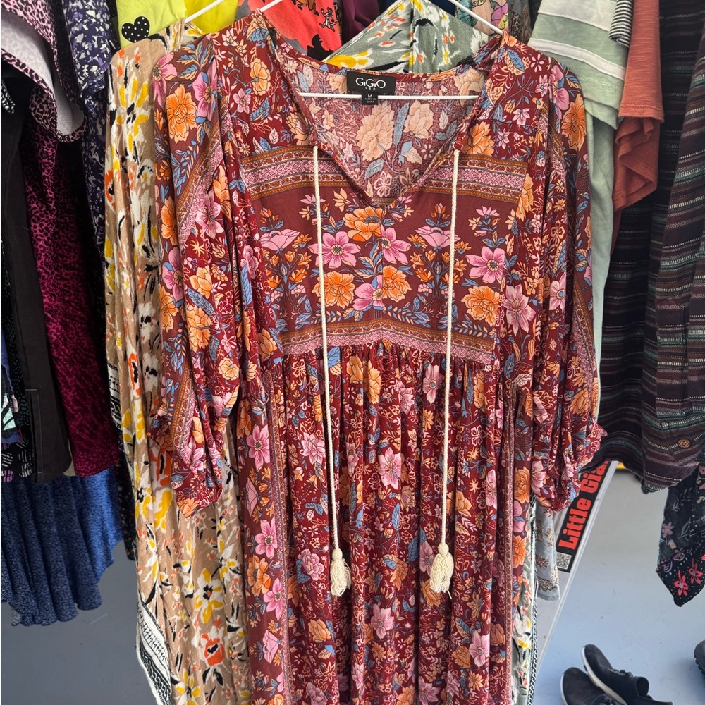 Three Bird Nest Brown Mini Sundress with V-Neck and Bishop Sleeves
